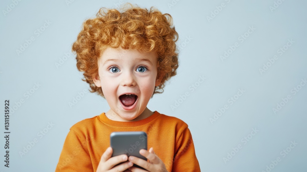 Joyful child giggling while playing on smart phone near verdant indoor beige background Copy space for text Joyful child giggling while playing on smart phone near verdant indoor beige background Copy space for text