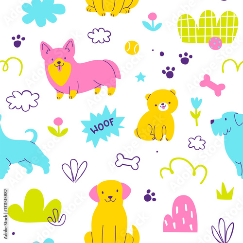 Bright seamless pattern with cute walking dog. Vector childish print with funny doodle  dogs.