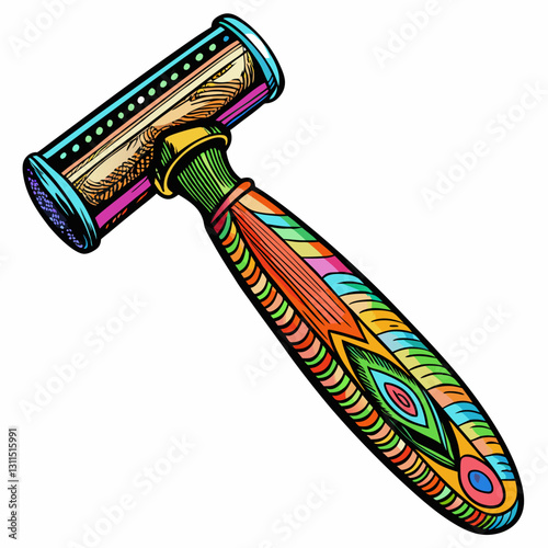 Colorful Vintage Razor Illustration with Artistic Patterns for Retro Grooming Designs