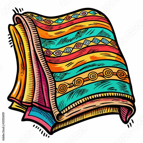 Colorful Striped Blanket with Ethnic Patterns in Vibrant Hand Drawn Style