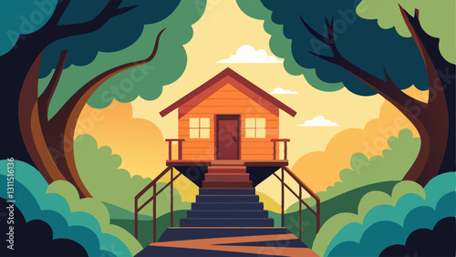 Tree Hollow Retreat An inviting scene where a cozy cottage with a sloped roof and colorful shutters is set within a large tree hollow. Sunlight filters through the high branches