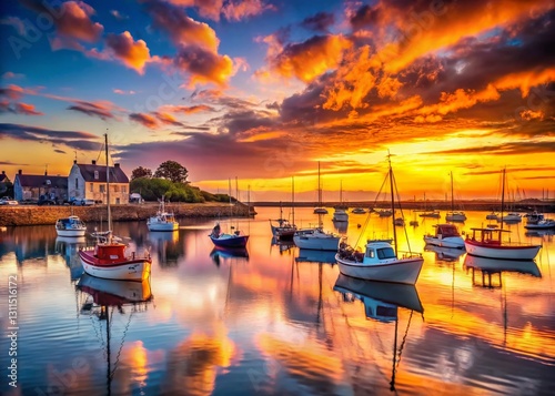 Silhouette of fishing boats at sunset, idyllic Piriac-sur-Mer harbor, Brittany, France.