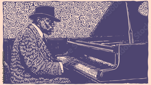 Vector illustration in linocut style a jazz musician playing piano. A pianist in a hat performing with dynamic movement, capturing the essence of classic jazz in a vintage artistic technique.