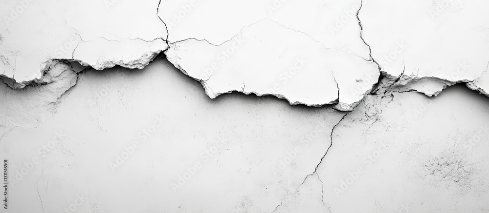 Obraz premium Abstract cracked white plaster backdrop with deep fissures prominently displayed across the center creating a textured, weathered effect.