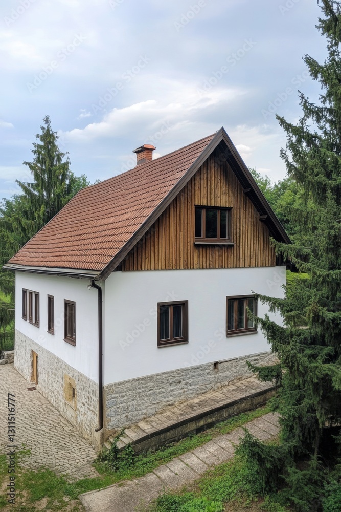 Charming countryside house surrounded by trees, located in a serene natural setting perfect for relaxation and outdoor activities on a clear day Charming countryside house surrounded by trees, located in a serene natural setting perfect for relaxation and outdoor activities on a clear day