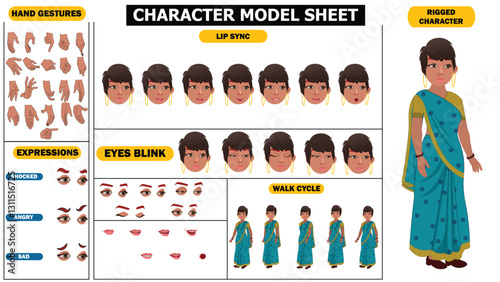 Old, young beautiful indian woman in saree, spritesheet of woman character, including eyes blink, lip sync and hand poses and face expressions