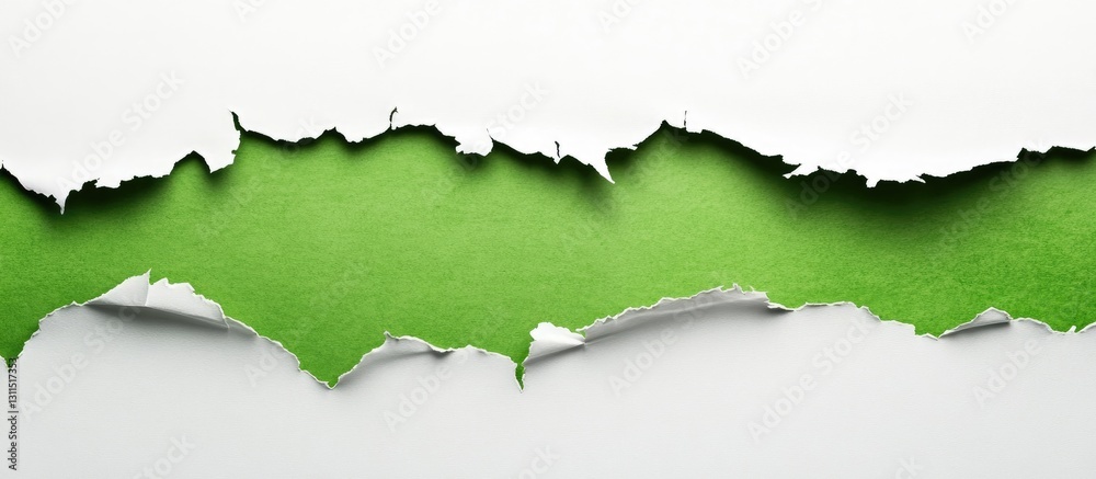 Fototapeta premium Ripped white paper with vibrant green background showcasing textured edges creating space for your text ideal for creative designs and ads