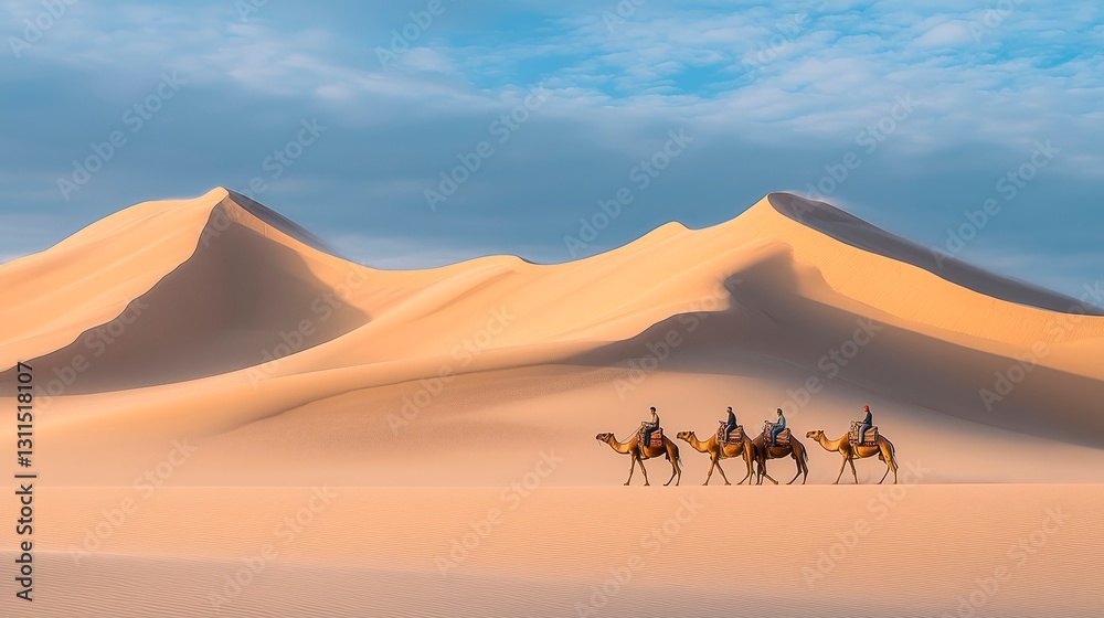 Fototapeta premium In the heart of the Sahara Desert, a group of travelers embarks on an adventurous journey atop dromedary, Egypt tour advertisement photograph