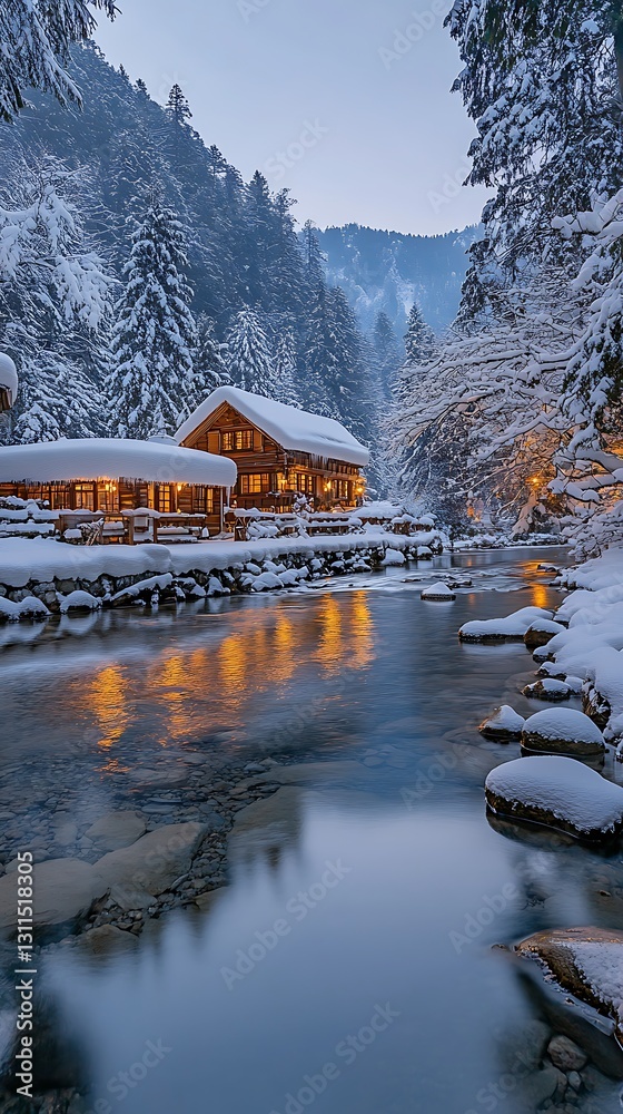 Fototapeta premium Snow-covered cabin by a tranquil river at twilight.
