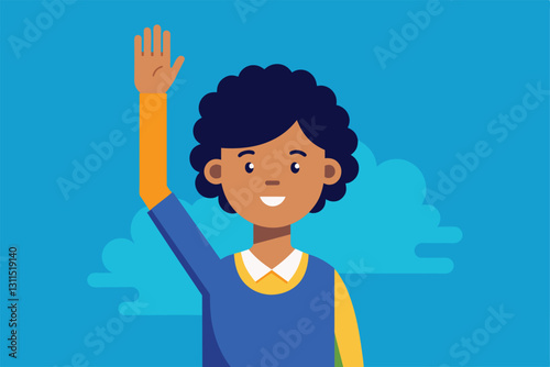 A cheerful young individual with curly hair raises their hand, ready to participate in class, Raising hand Customizable Flat Illustration