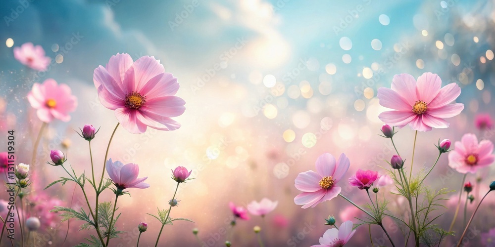Delicate Pink Cosmos Blossoms in a Soft, Dreamy Field at Dawn Delicate Pink Cosmos Blossoms in a Soft, Dreamy Field at Dawn