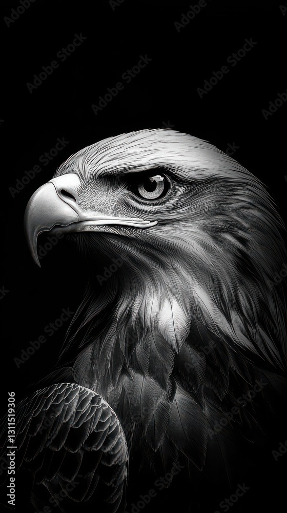 Illustrate a majestic Eagle Eye, fierce and wise, in black and white with strong contrasts, dramatic shadows, cinematic depth Illustrate a majestic Eagle Eye, fierce and wise, in black and white with strong contrasts, dramatic shadows, cinematic depth