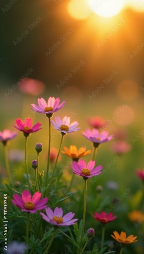 Soft focus wildflowers bathed in warm sunset light, gentle breeze , peaceful, nature, daytime Soft focus wildflowers bathed in warm sunset light, gentle breeze , peaceful, nature, daytime