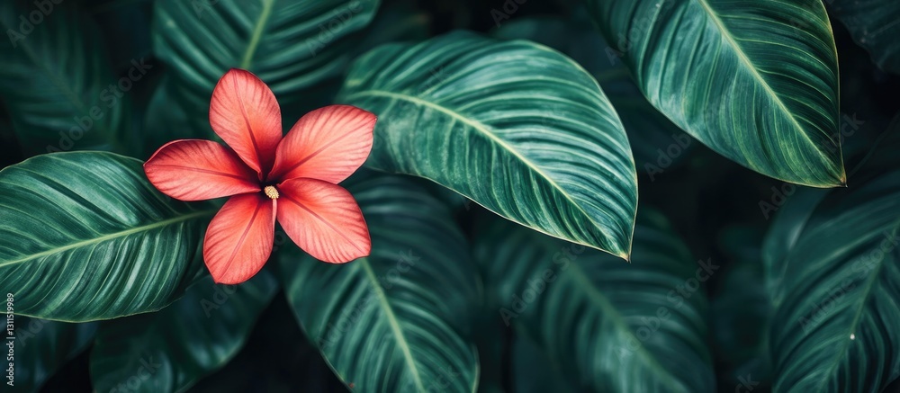 Fototapeta premium Close up of a vibrant red flower centered among lush dark green tropical leaves in shallow depth of field conveying eco-friendly travel themes