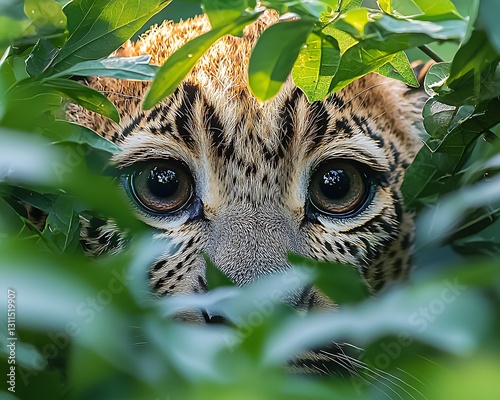 Leopard Cub Hiding in Jungle Foliage