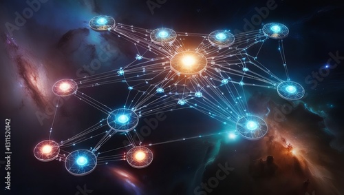 A Cosmic Network Of Interconnected Nodes Shining Brightly Against A Nebula Backdrop, A Vibrant Display Of Digital Constellations Glowing With Ethereal Light