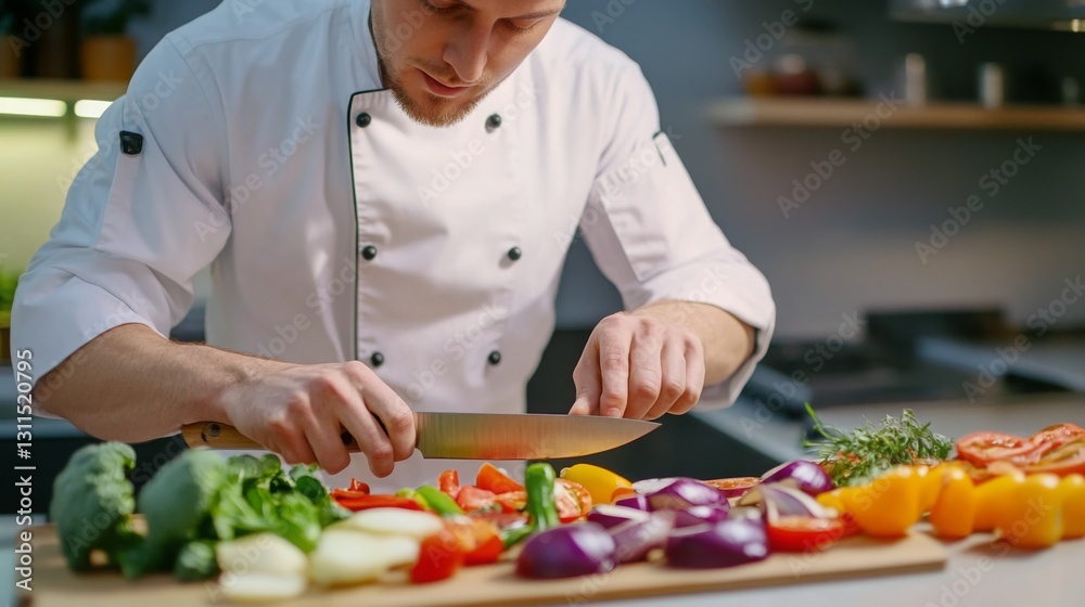 Chef prepares fresh vegetables in a modern kitchen while demonstrating culinary skills during meal preparation Chef prepares fresh vegetables in a modern kitchen while demonstrating culinary skills during meal preparation