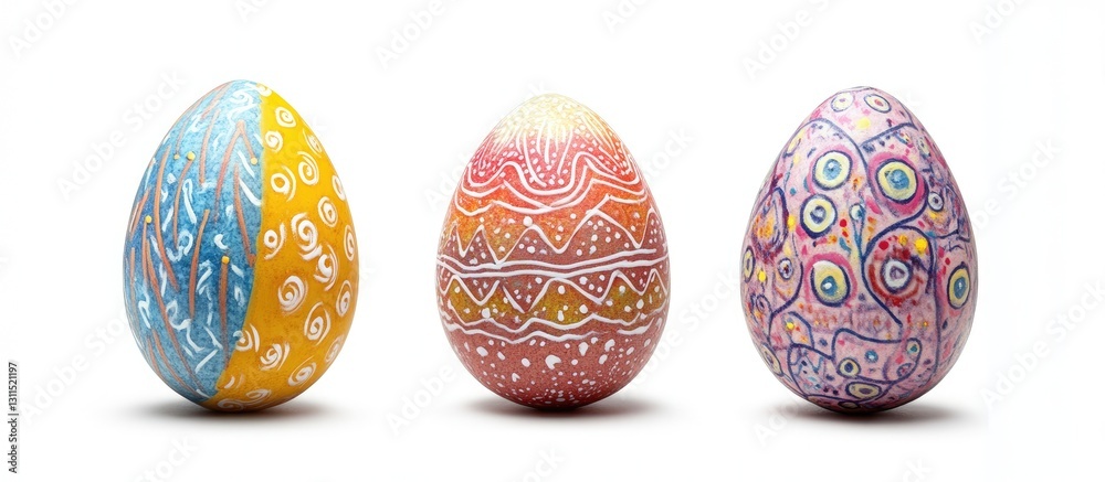 Fototapeta premium Colorful handcrafted Easter eggs with vibrant patterns in yellow, orange, and pink hues isolated on a clean white background for festive decor.