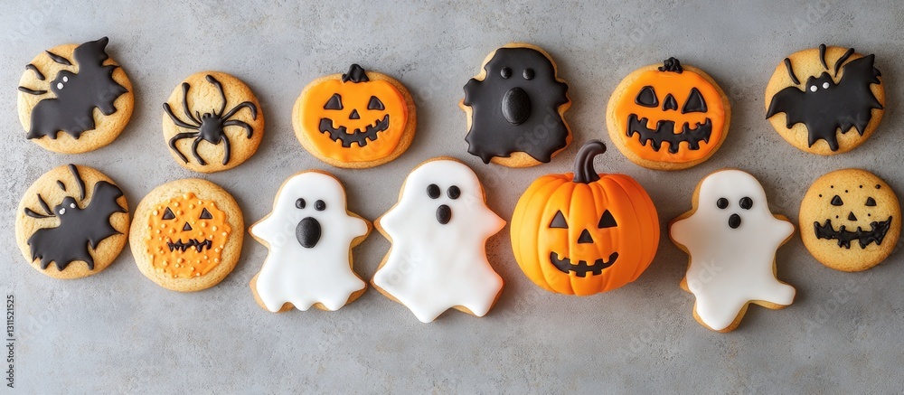 Homemade Halloween cookies including bats, pumpkins, and ghosts arranged symmetrically on a gray concrete background with a vibrant orange pumpkin. Homemade Halloween cookies including bats, pumpkins, and ghosts arranged symmetrically on a gray concrete background with a vibrant orange pumpkin.