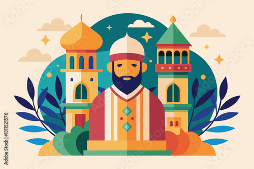 A vibrant, customizable illustration highlights Ramadan with a tranquil figure and stunning mosque architecture, Ramadan kareem Customizable Flat Illustration