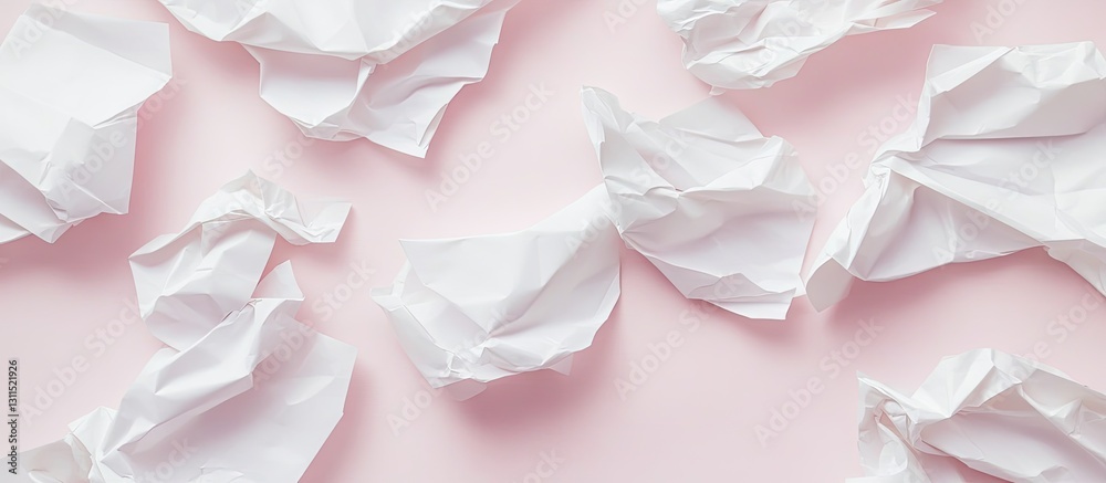 Crumpled white sheets of paper scattered on a soft light pink background top view with empty space for text and creative design elements. Crumpled white sheets of paper scattered on a soft light pink background top view with empty space for text and creative design elements.