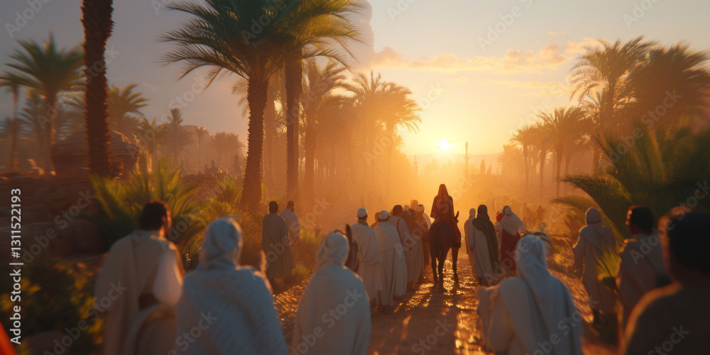 Fototapeta premium Palm Resurrection, Entry of the Lord into Jerusalem, Jesus Christ on a donkey. Christian photography for church religious Easter publications 