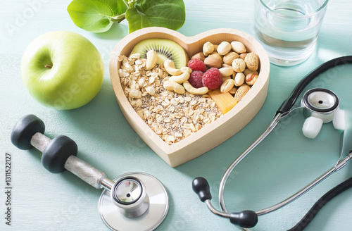 A heart-shaped bowl of food containing fruits, nuts, and grains is placed on the table with some water next to it
