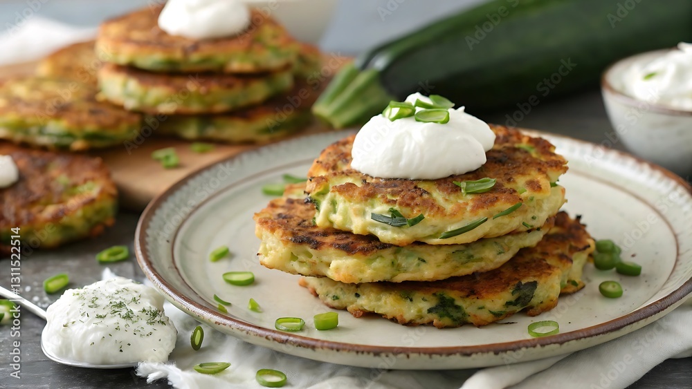 Delicious Zucchini Fritters Garnished with Sour Cream, Featuring a Perfect Blend of Crispy and Creamy Textures Delicious Zucchini Fritters Garnished with Sour Cream, Featuring a Perfect Blend of Crispy and Creamy Textures