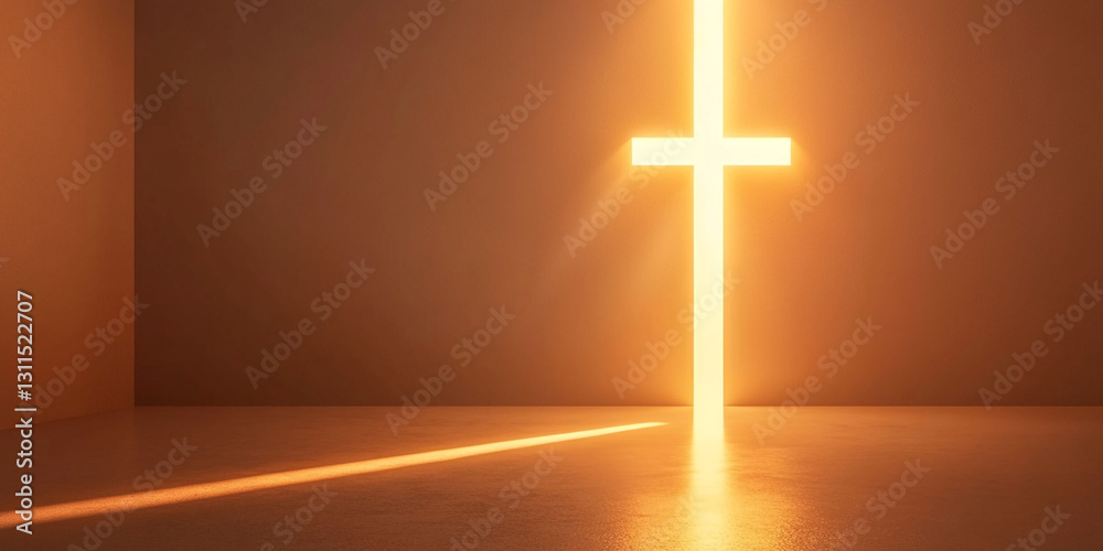 Naklejka premium Glowing Cross in Minimalistic Interior. Modern Christian Symbol of Faith and Spiritual Light for Religious Designs, Church Backgrounds, and Sacred Easter Concepts.