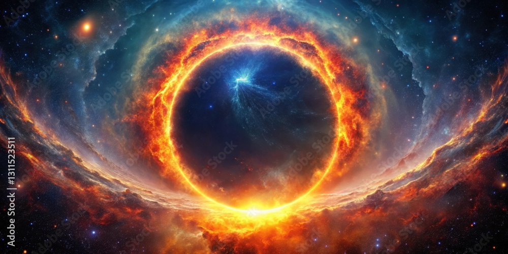 A Fiery Celestial Ring Encircles a Cosmic Nebula, Embracing a Brilliant Burst of Energy Within a Starry Expanse A Fiery Celestial Ring Encircles a Cosmic Nebula, Embracing a Brilliant Burst of Energy Within a Starry Expanse