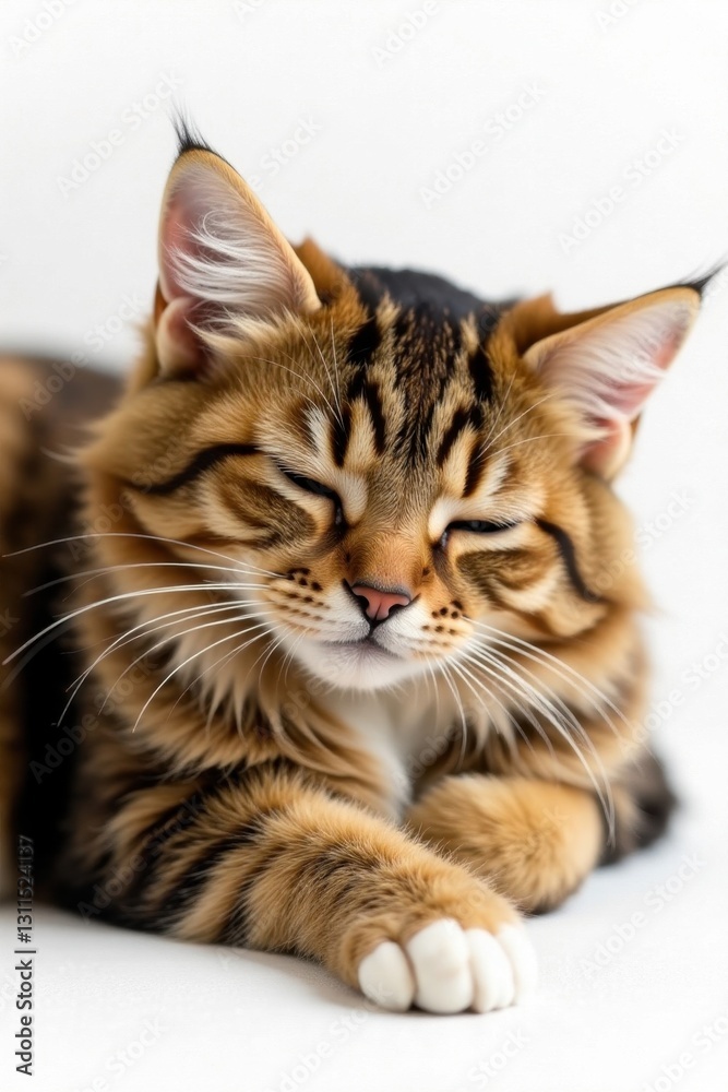 Fluffy tabby cat curled asleep on pure white background, white background, studio, animal portrait Fluffy tabby cat curled asleep on pure white background, white background, studio, animal portrait