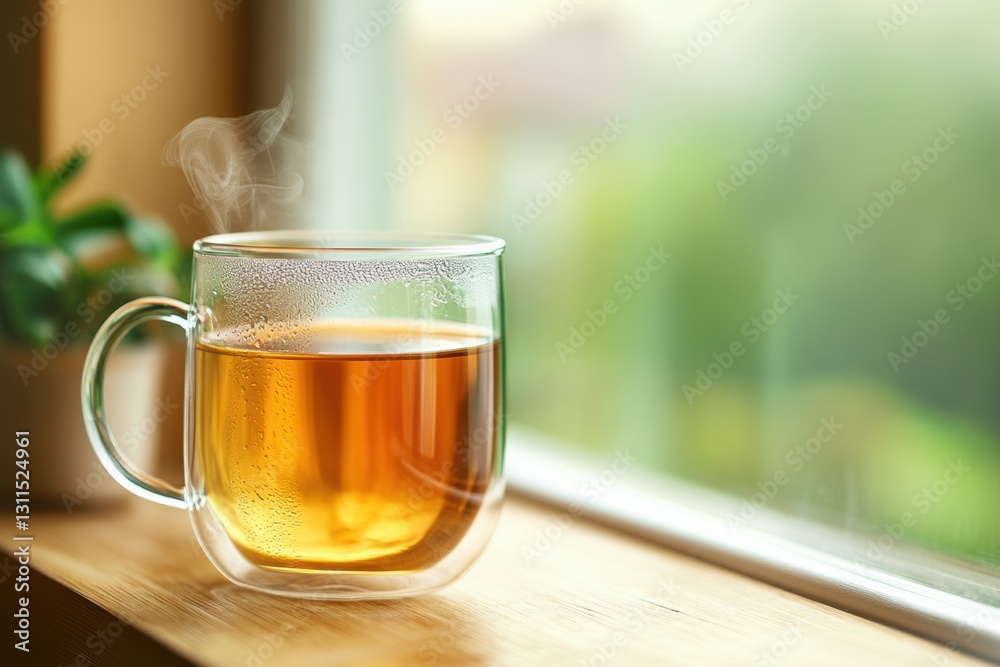 Steaming cup of tea rests on wooden windowsill surrounded by soft daylight and raindrops enhancing a cozy hygge atmosphere Steaming cup of tea rests on wooden windowsill surrounded by soft daylight and raindrops enhancing a cozy hygge atmosphere