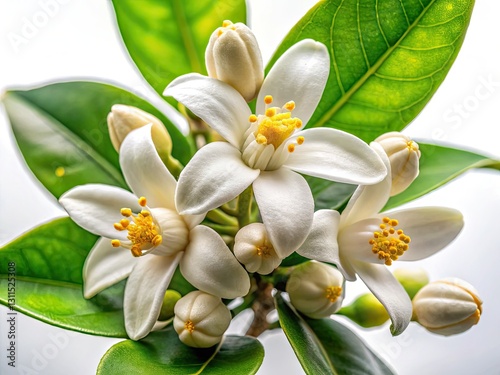 Spring's arrival:  a panoramic view of delicate white calamondin and orange tree blossoms, isolated PNG,  fleur d'oranger.