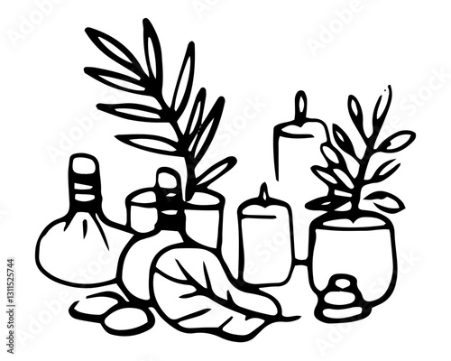 Massage accessories Vector thai illustration on isolated background. Naive Linear contour illustration spa equipment for logotype or design aromatherapy. Black and white contour drawing thai massage.