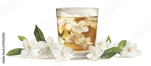Brewed jasmine white tea in a clear glass cup surrounded by delicate white jasmine flowers and green leaves on a white background.