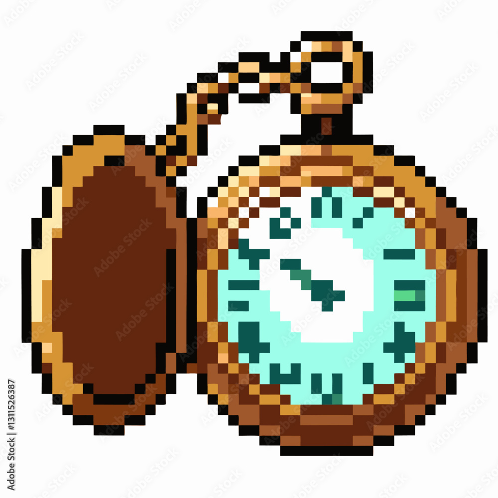 Obraz premium Retro Pixel Art Pocket Watch with Chain in 8 Bit Style Illustration