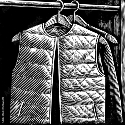 Vintage Style Illustration of Puffer Vest on Hanger in Closet Setting