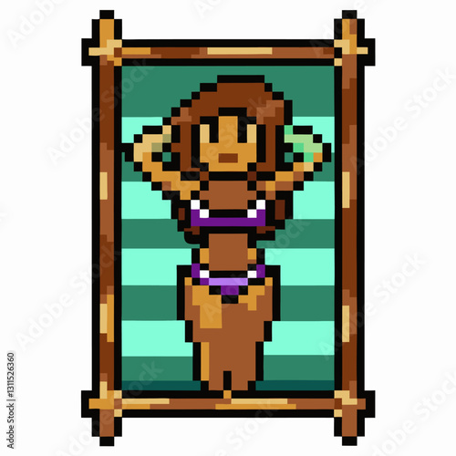 Pixel Art Woman Relaxing on Beach Towel in Bikini with Green Striped Background