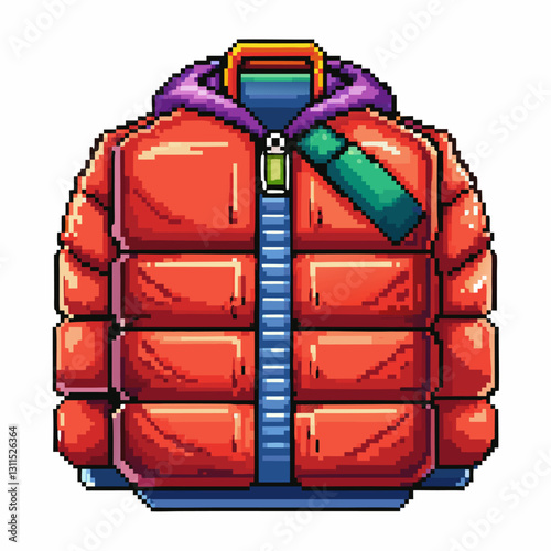 Retro Pixel Art Red Puffer Jacket with Hoodie and Zipper