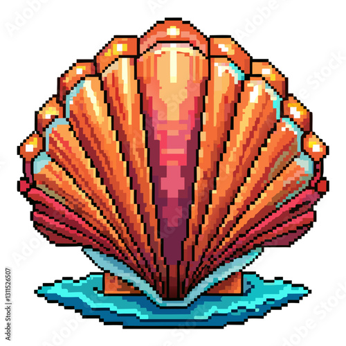 Colorful Pixel Art Seashell on Blue Waves Vibrant Retro Illustration