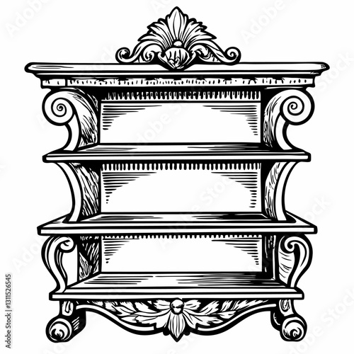 Intricate Vintage Shelf Design in Black and White Illustration