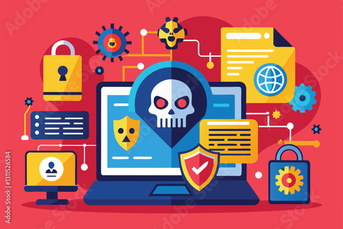 A flat design depicts various cybersecurity elements illustrating potential ransomware threats and defenses, Ransomware Customizable Flat Illustration