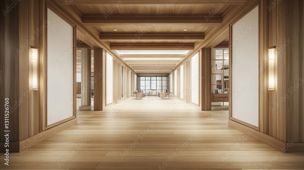 A spacious wooden corridor with soft lighting and minimalist design. A spacious wooden corridor with soft lighting and minimalist design.