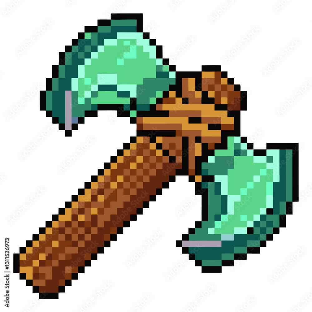 Obraz premium Pixel Art Double Headed Axe Icon with Wooden Handle and Green Blades