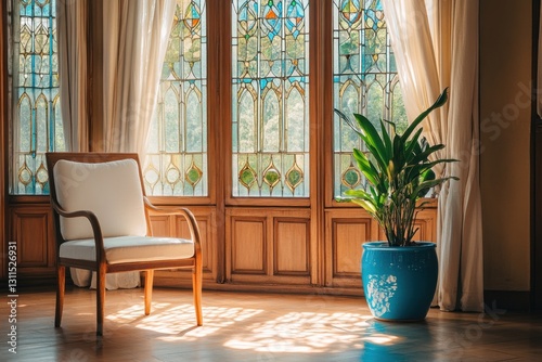 Sunlight streams through stained glass windows, illuminating a white chair in a classic room photo