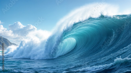 A large wave is crashing into the shore