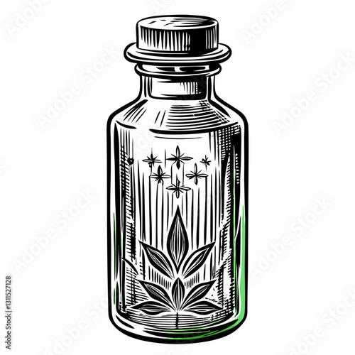 Vintage Cannabis Oil Bottle Illustration with Engraved Leaf Design