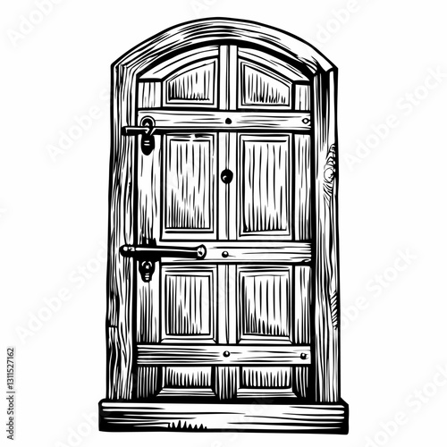 Vintage Wooden Door Illustration with Detailed Hand Drawn Design