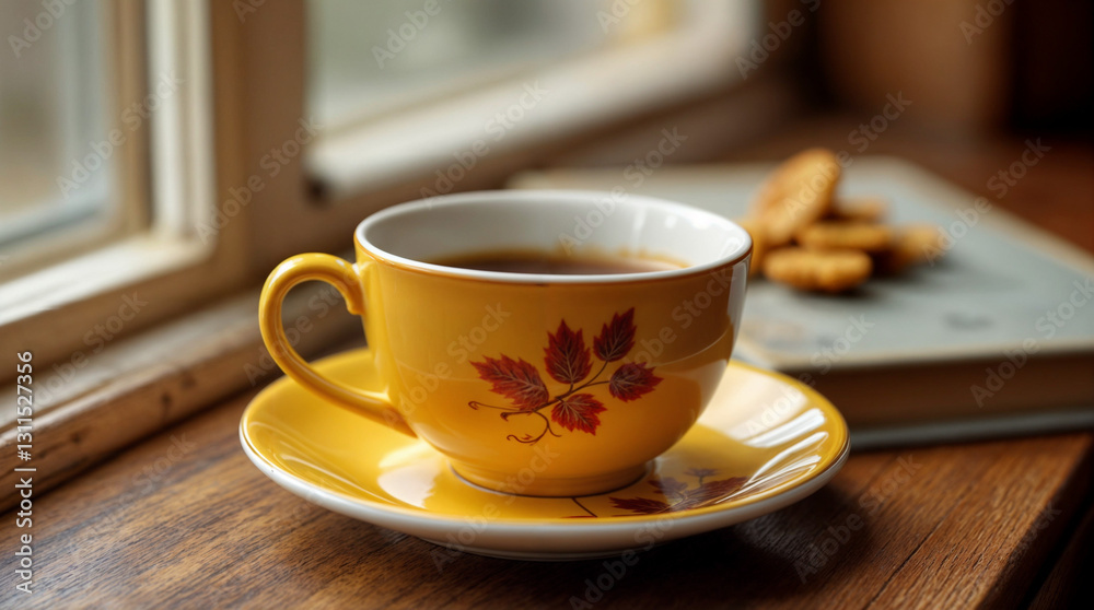 A yellow cup with a leaf design sits on a saucer A yellow cup with a leaf design sits on a saucer