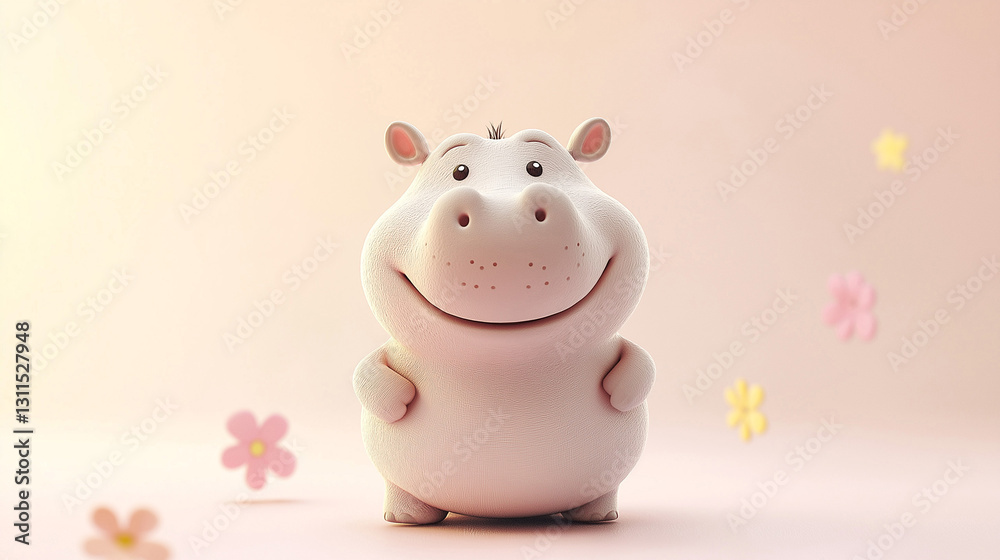 Cute 3D White Hippo Character Smiling on Pastel Floral Background Cute 3D White Hippo Character Smiling on Pastel Floral Background